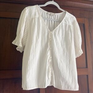 LOFT Ivory Top Sz M Soft Cotton V Neck Puff Short Ruffled Sleeves Button Front